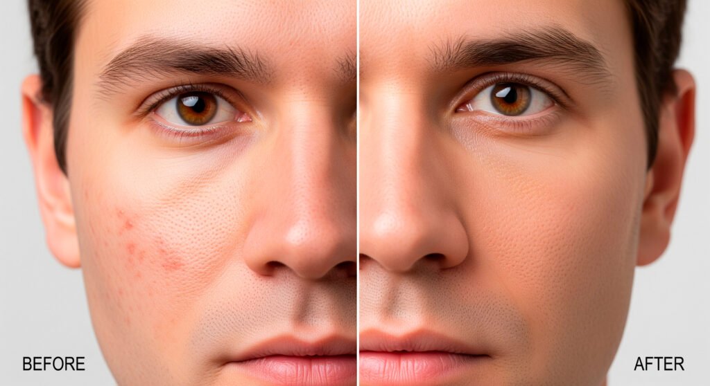 Clear male skin showing results of effective acne treatment before and after comparison