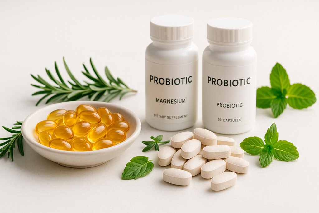 Natural anti aging supplements including omega-3 and probiotics arranged with fresh herbs on clean surface