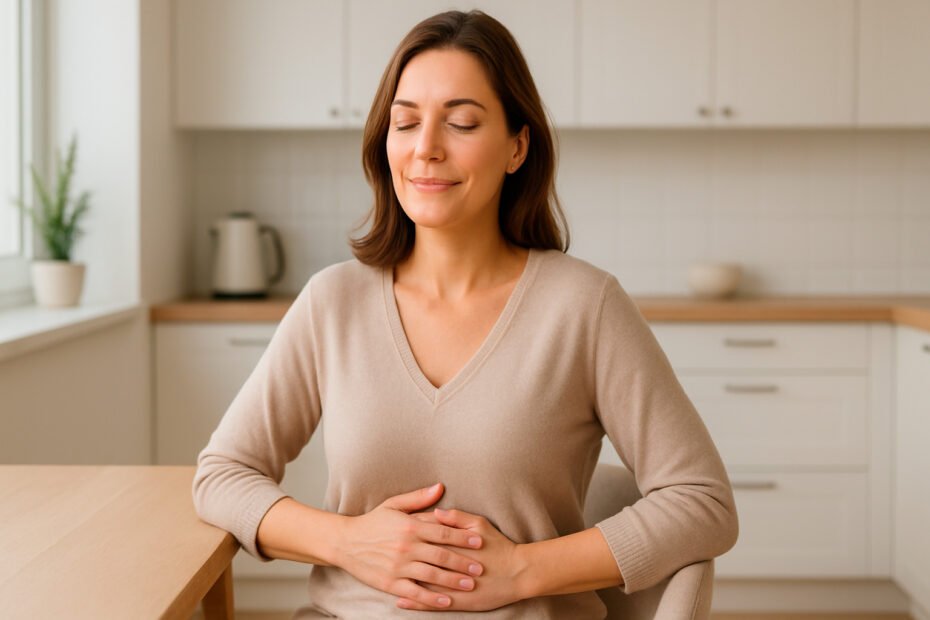 Woman experiencing bloated stomach relief through natural wellness approaches in modern kitchen setting