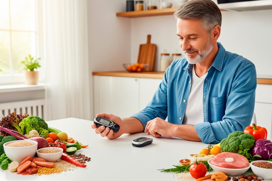 Person demonstrating blood sugar control by checking glucose meter with healthy foods promoting natural diabetes management