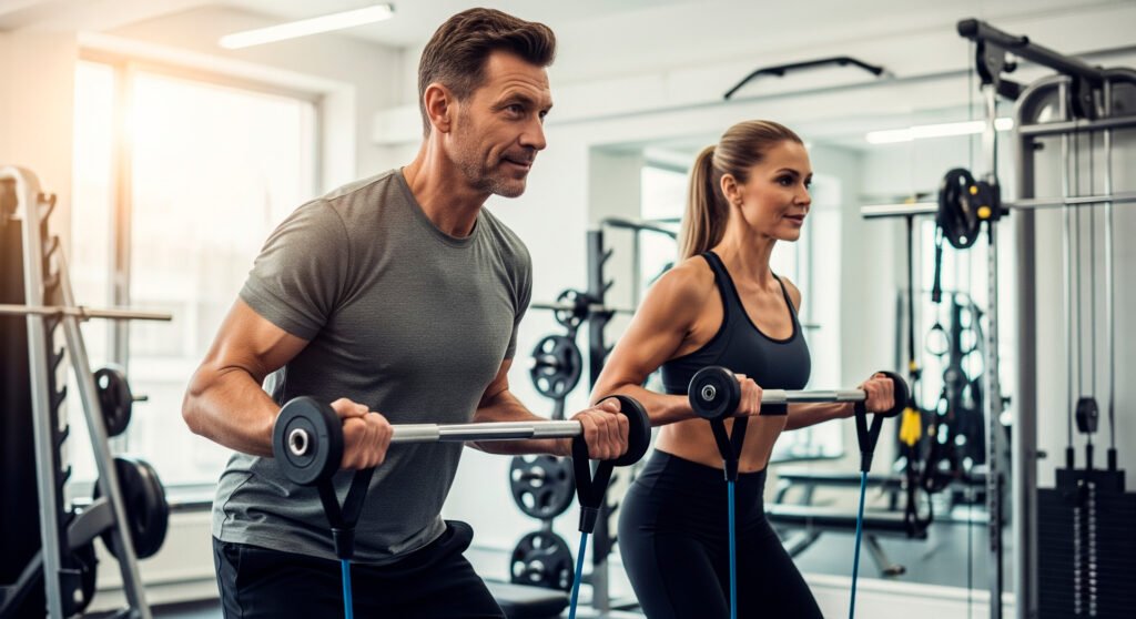Middle-aged couple strength training together showing how to boost energy through exercise for healthy aging