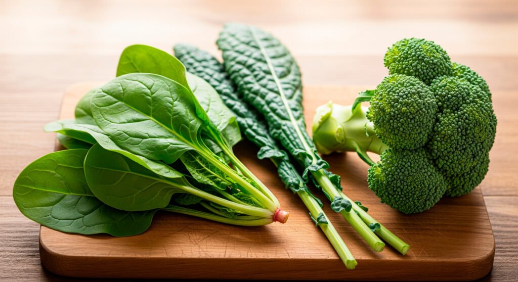 Fresh green vegetables boost immune system including spinach kale broccoli arranged on cutting board