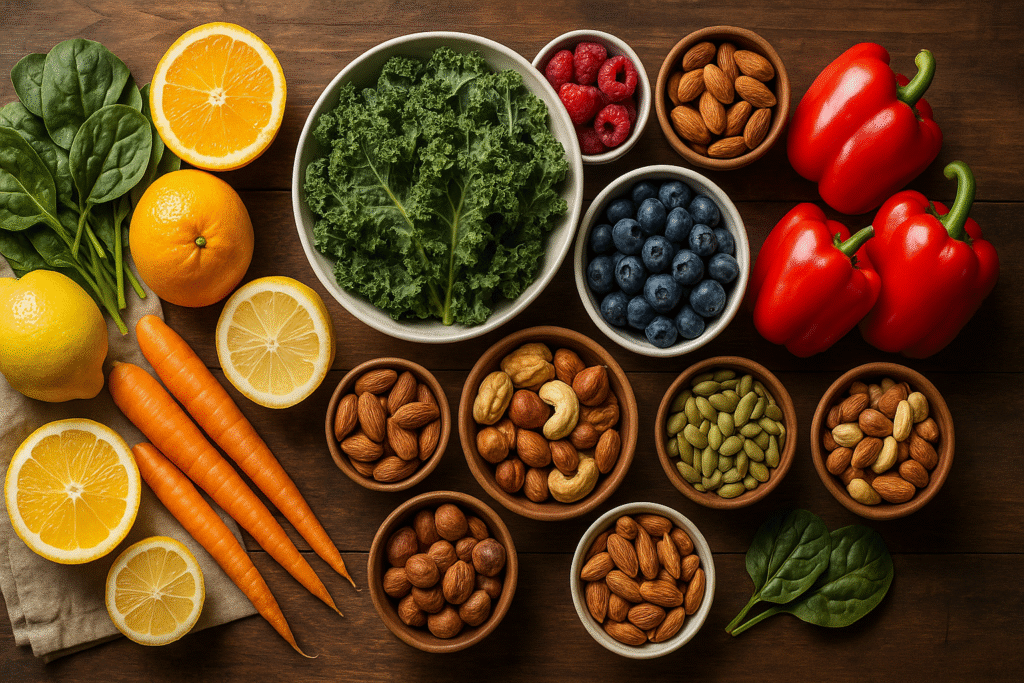 Colorful natural immunity foods including fruits vegetables nuts for boost immunity nutrition