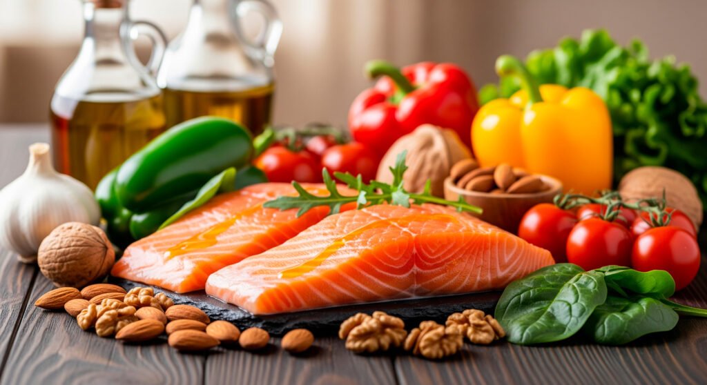 Mediterranean diet foods including fish vegetables nuts olive oil arranged to support natural brain health nutrition