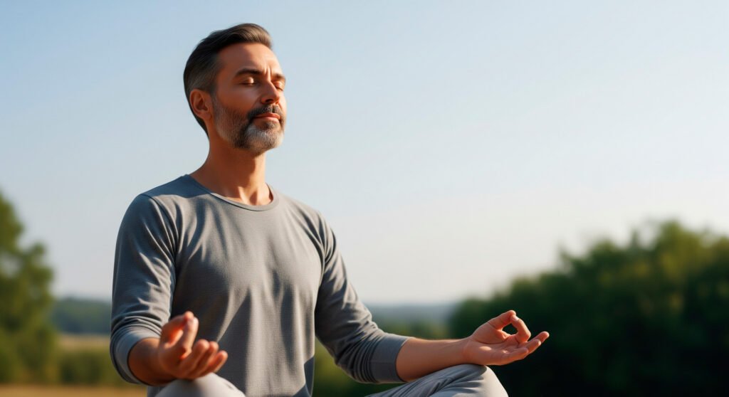 Person in meditation pose with closed eyes demonstrating brain training through mindfulness practice in natural lighting