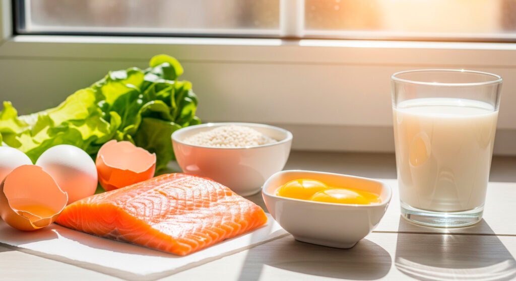 Calcium rich foods and vitamin D sources like fish, eggs, and dairy displayed in natural sunlight for optimal absorption