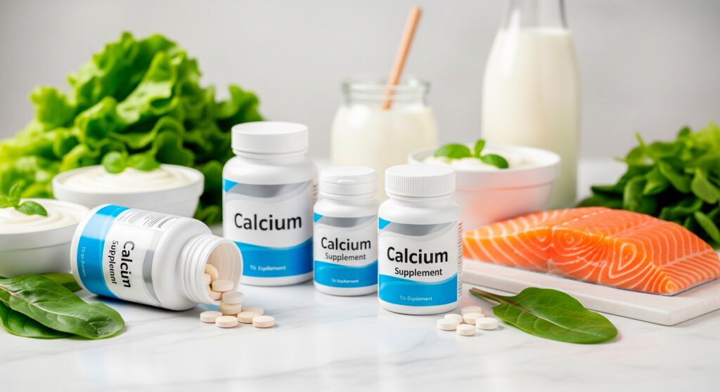 Various calcium supplements bottles with fresh foods rich in calcium for bone health
