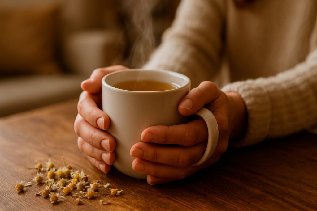 Chamomile tea for natural anxiety relief with dried flowers on wooden table