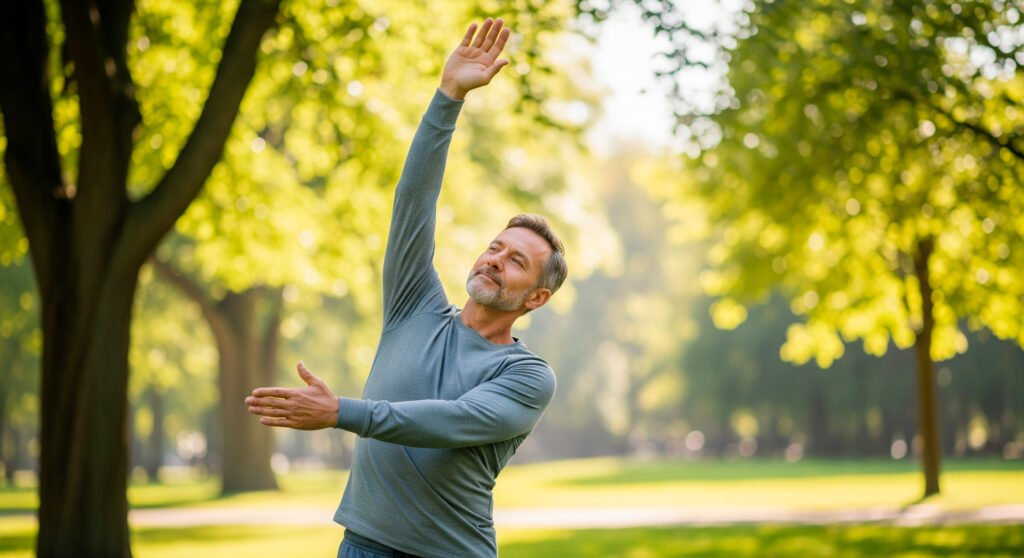 Person doing yoga exercise outdoors to combat chronic stress through natural movement and stretching
