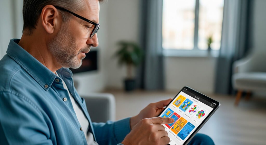 Middle-aged person using tablet for cognitive enhancement activities including brain games and mental exercises