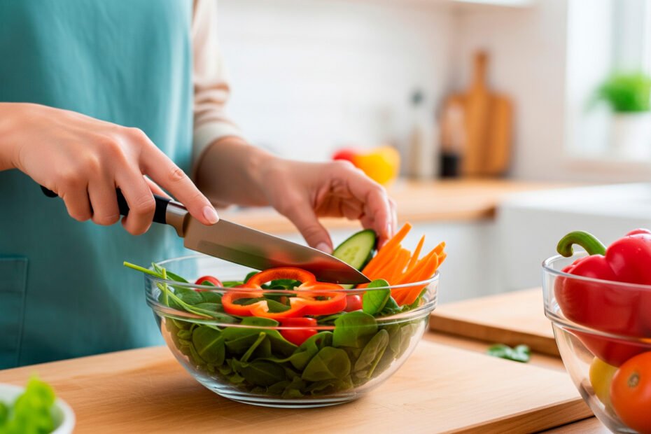 Woman preparing healthy meal for cold prevention with green vegetables and natural ingredients in modern kitchen