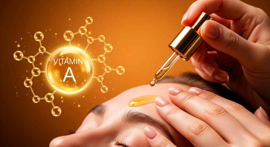 Hands applying vitamin A retinol serum for collagen boosting treatments on facial skin
