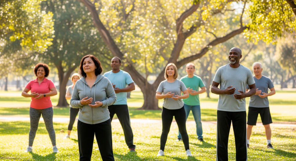 Middle-aged adults combat fatigue with outdoor exercise and physical activity in park