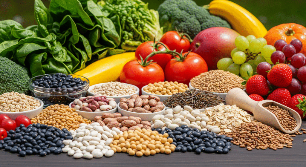 Constipation symptoms relief foods including high fiber vegetables fruits beans whole grains wooden table