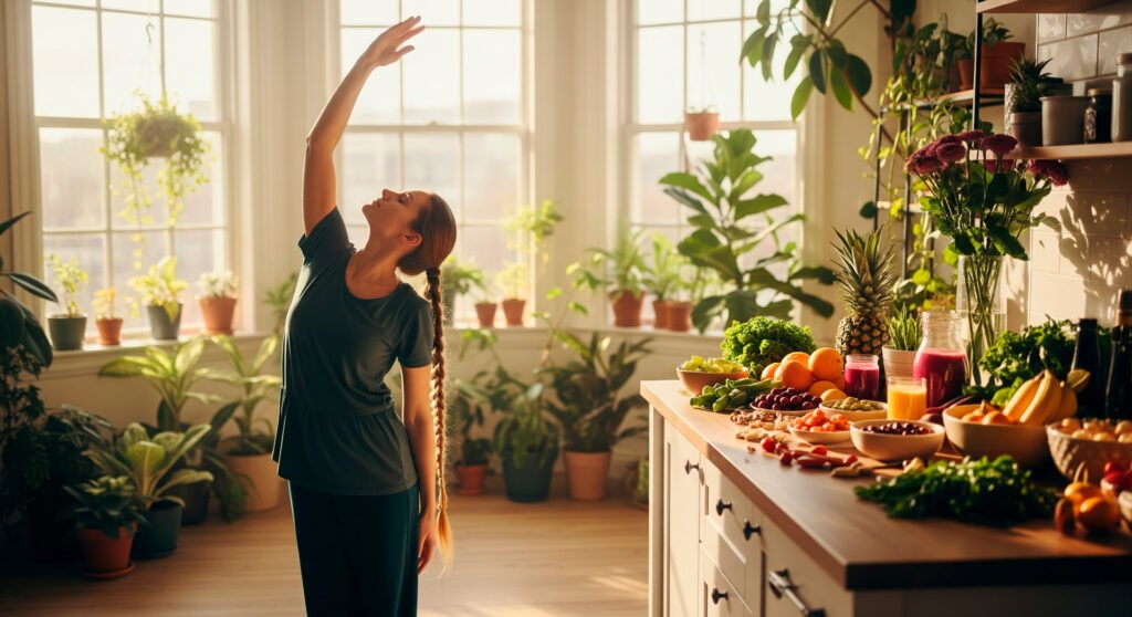 Woman practicing yoga for digestive health surrounded by plants and healthy foods