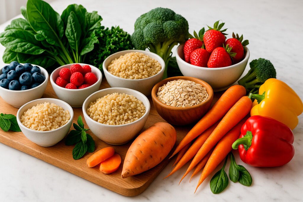 Fiber-rich foods for preventing digestive issues arranged on marble counter including vegetables grains