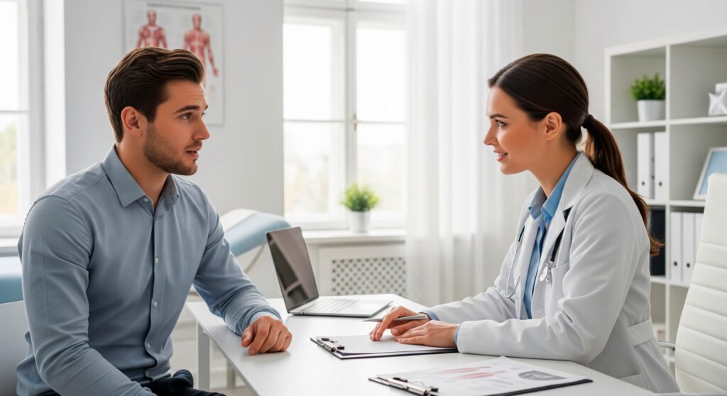 Healthcare consultation discussing natural and medical approaches for digestive relief