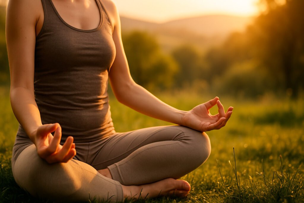 Person practicing yoga meditation for digestive wellness and stress management in natural setting