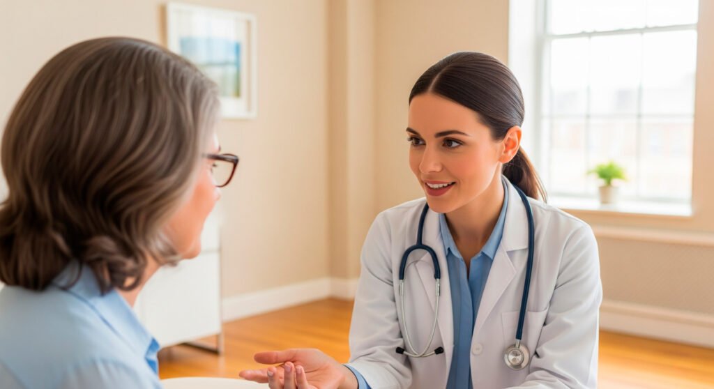 Healthcare provider consultation discussing hormonal imbalance signs and treatment options with patient