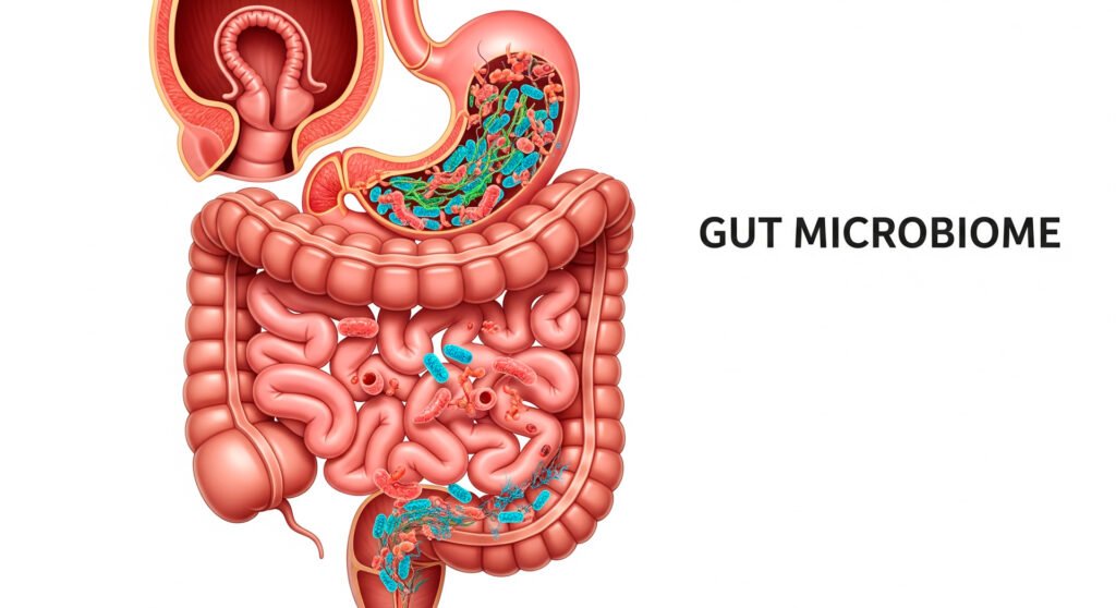 Medical illustration showing diverse gut microbiome bacteria in healthy digestive system cross-section