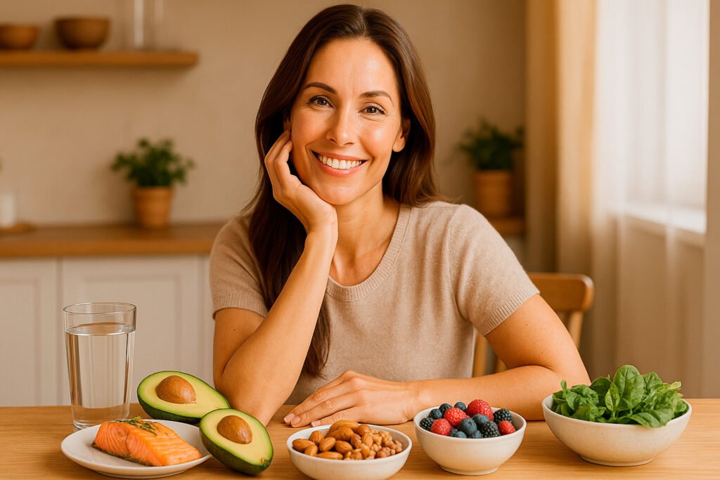 Hair skin nails supporting protein foods eggs salmon nuts arranged on kitchen counter