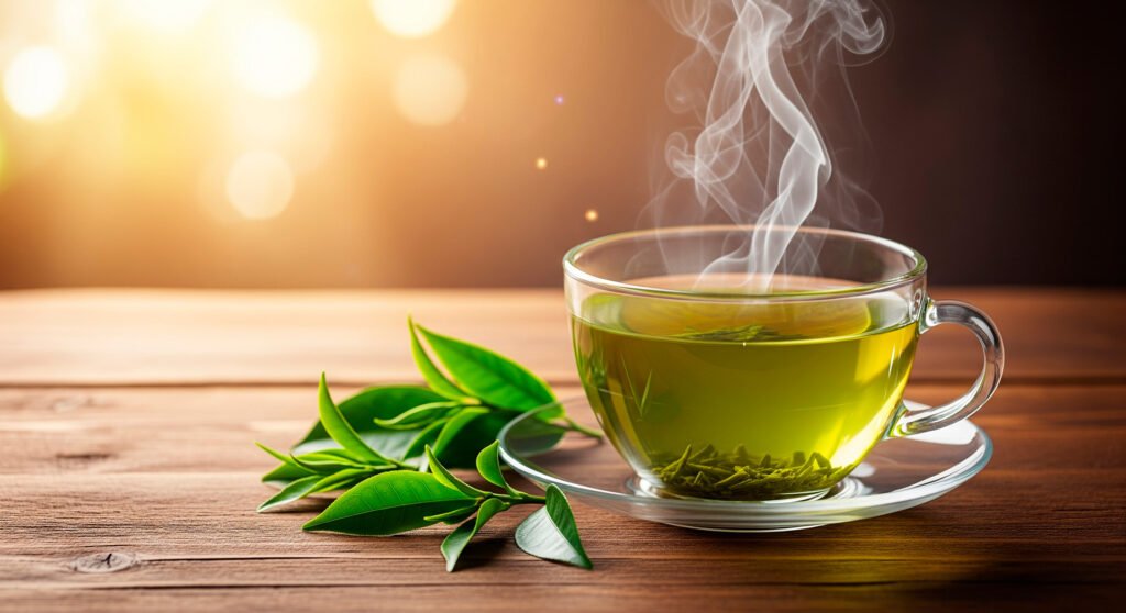 Green tea cup with fresh leaves health tips natural wellness drink steaming hot beverage