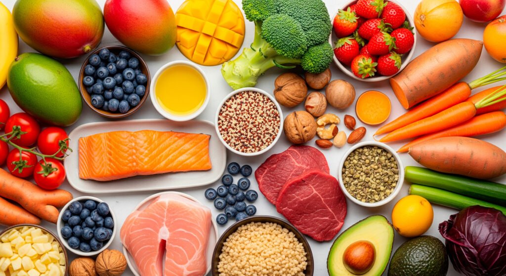 Healthy eating whole foods colorful fruits vegetables proteins arranged flat lay composition