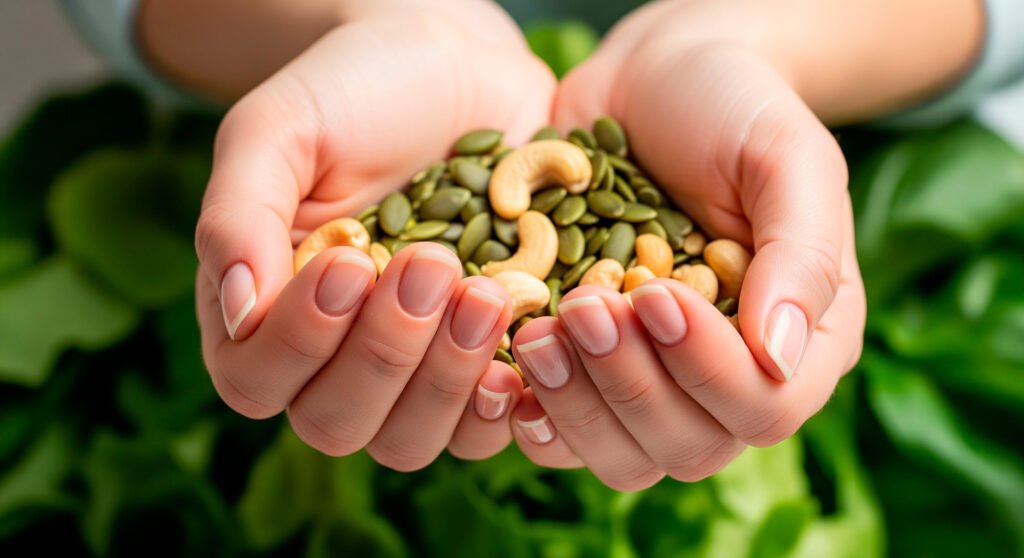 Healthy fats sources including nuts and seeds for strong nails and natural beauty
