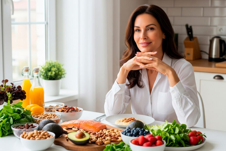Woman with healthy hair enjoying natural beauty foods including protein sources and colorful vegetables