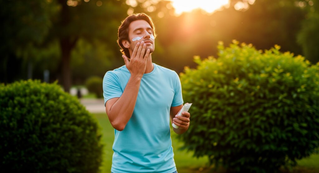 Man applying sunscreen demonstrating healthy skin protection habits outdoors in natural light