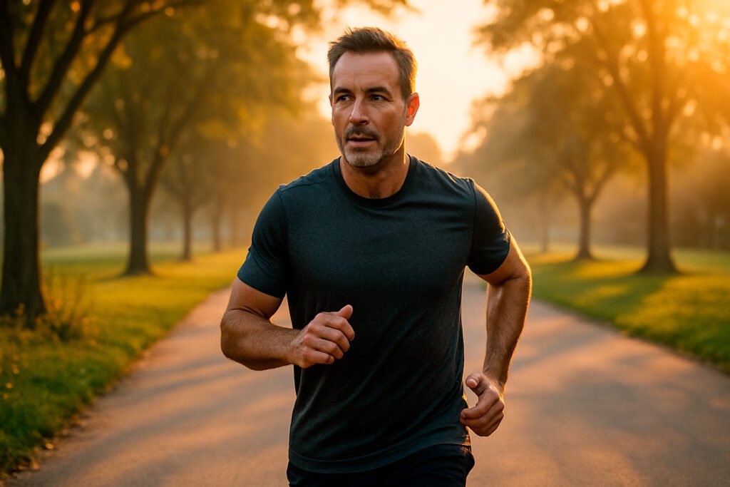 Man jogging in park maintaining healthy weight through regular cardiovascular exercise routine
