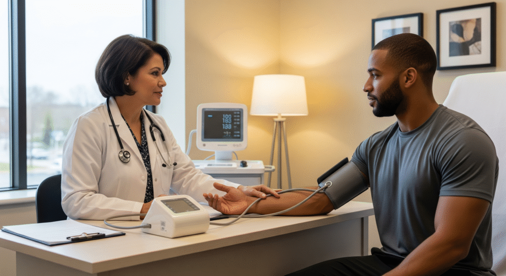 Healthcare professional discussing heart disease prevention strategies with patient during wellness consultation