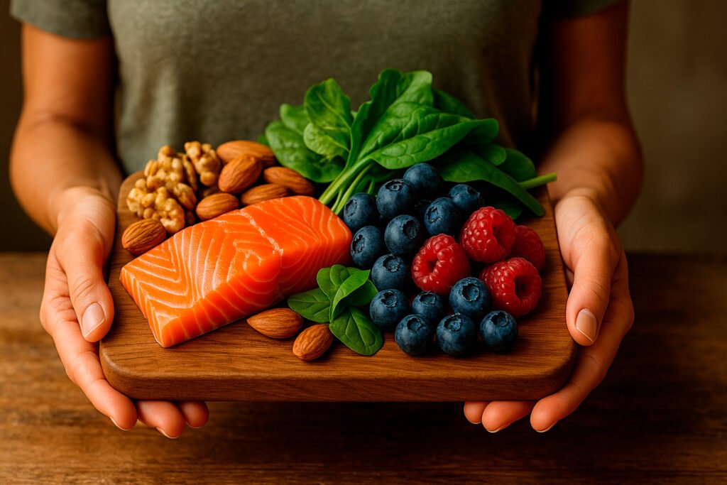 Heart healthy foods including salmon nuts berries for natural cardiovascular protection