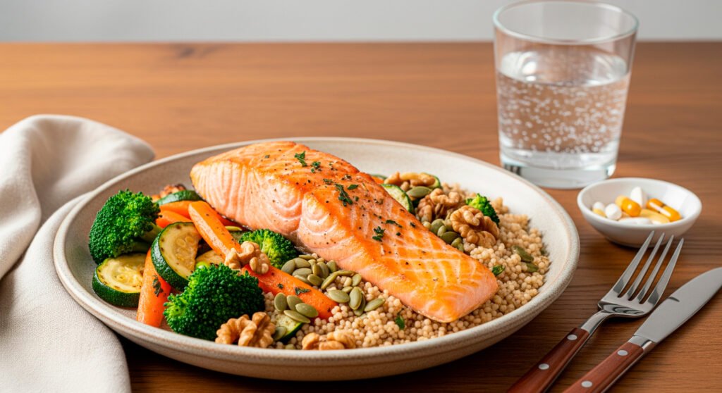 Heart healthy salmon meal with vegetables and supplements supporting cardiovascular wellness