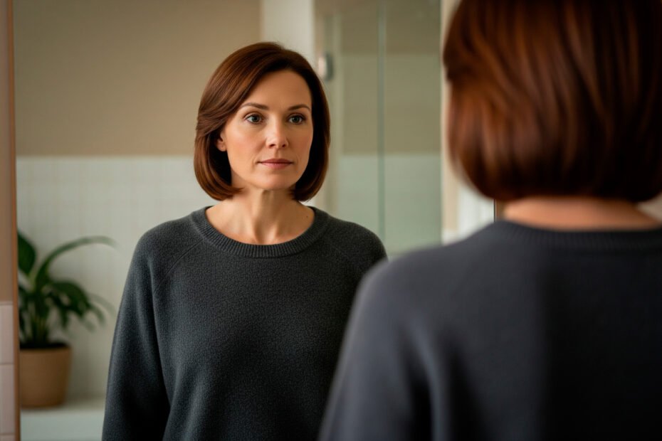 Woman recognizing hormonal imbalance signs while looking in mirror reflecting on health symptoms and wellness