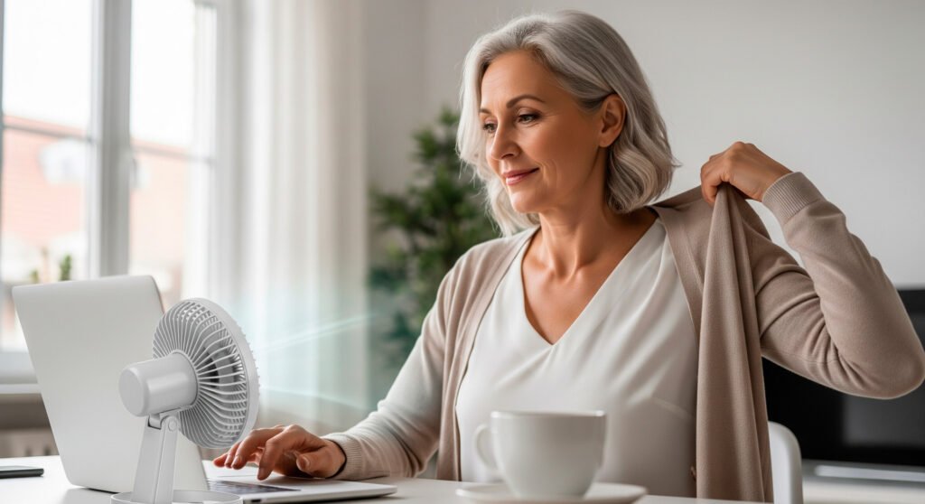 Woman using fan for hot flashes relief while working from home office