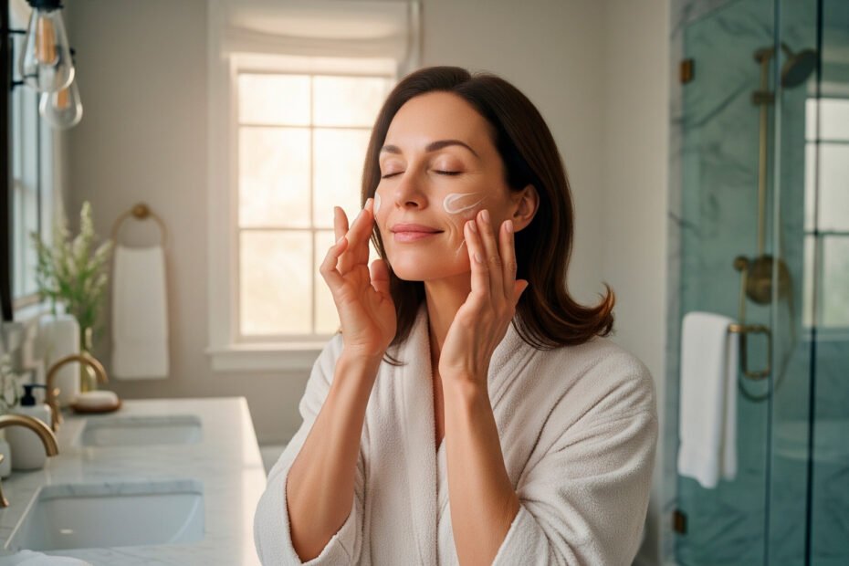 Woman demonstrating how to hydrate skin naturally with moisturizer application for healthy glowing complexion