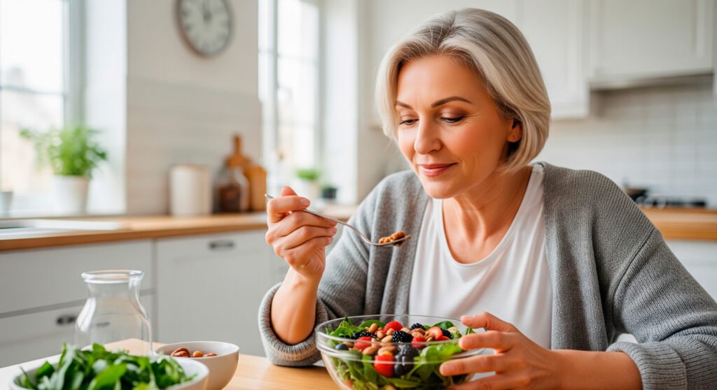 Woman eating nutrient-rich salad bowl providing natural immune support through healthy foods