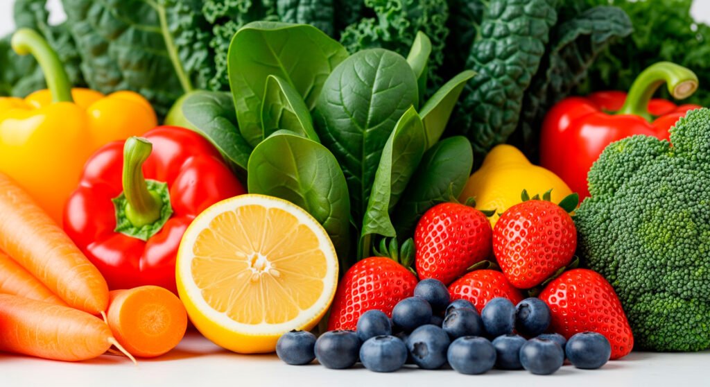 Colorful array of foods that naturally support immune system function and overall health