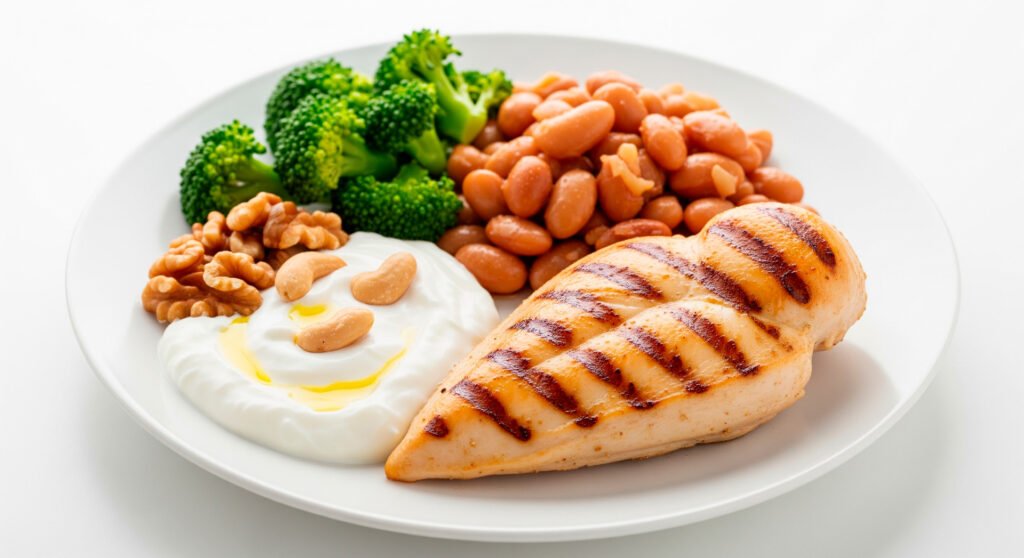 High protein foods including chicken yogurt nuts beans arranged to increase metabolism naturally