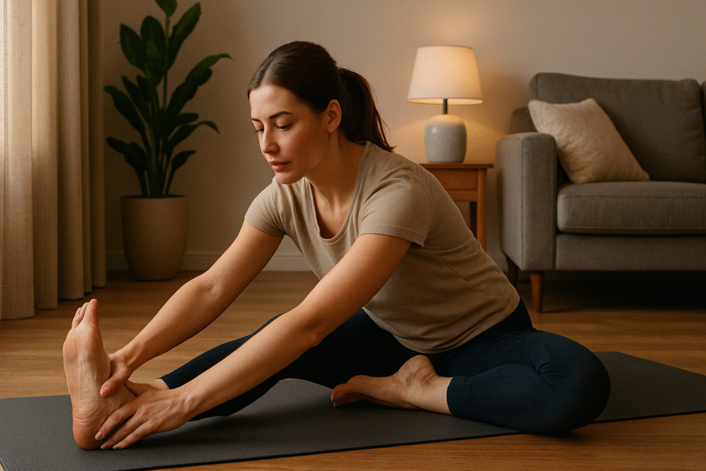 Person doing gentle evening exercise routine as part of insomnia treatment and healthy sleep habits