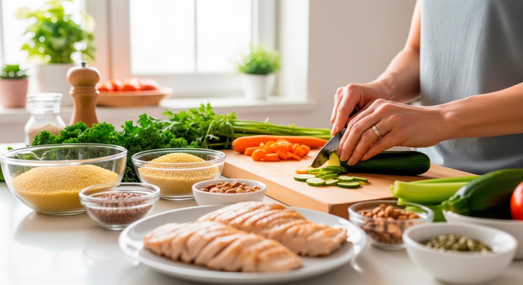 Hands preparing nutritious meal with fresh ingredients representing lifestyle changes for better blood sugar control