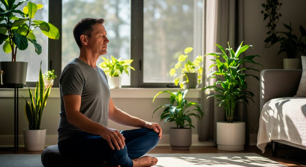 Person practicing meditation for stress management as part of natural blood sugar control and diabetes lifestyle changes