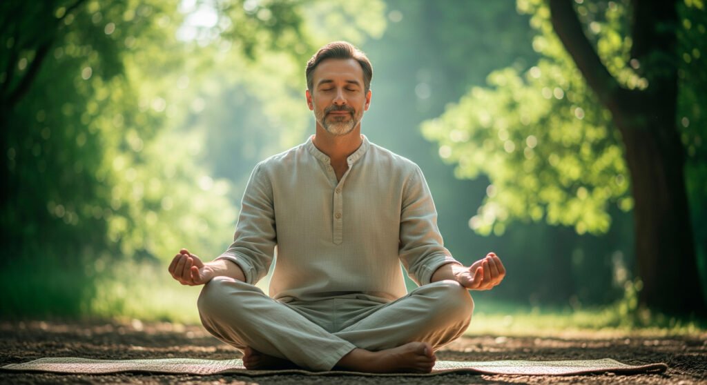 Man practicing meditation for stress management showing longevity supplements benefits for healthy aging