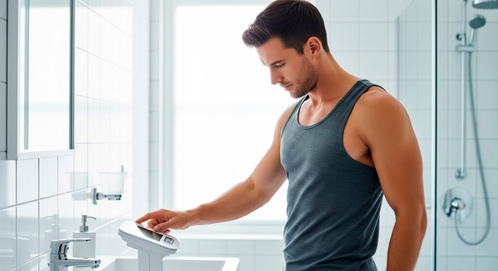 Man checking weight on scale as part of maintain healthy weight strategy for testosterone