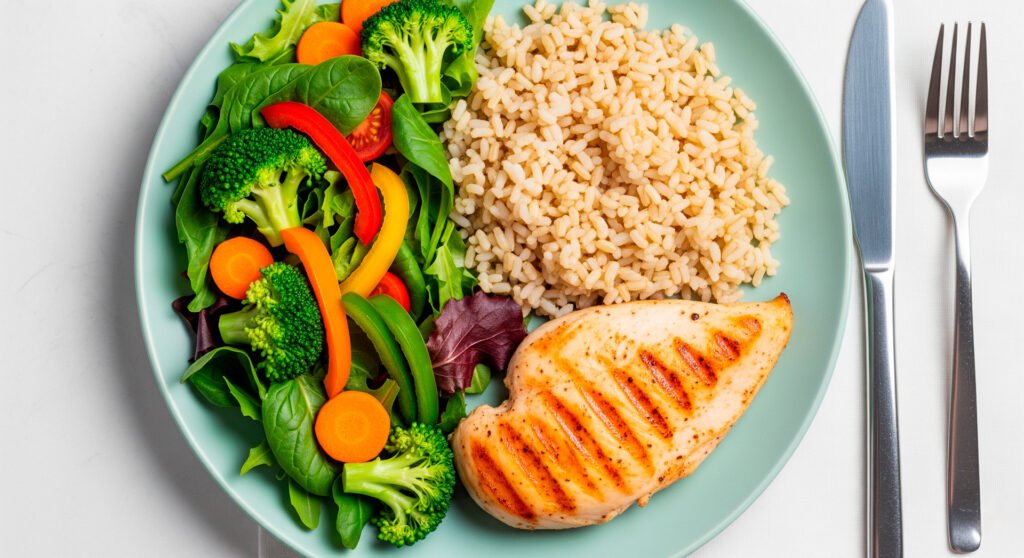Healthy diet plate method showing proper portions of vegetables proteins and grains for blood sugar management
