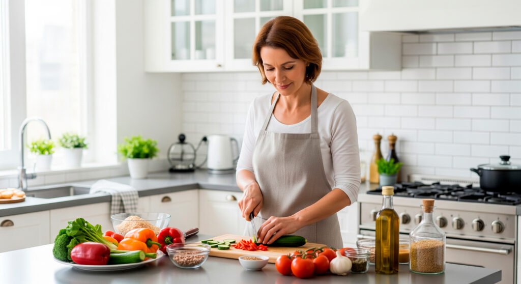 Mediterranean diet meal preparation woman chopping vegetables kitchen healthy cooking