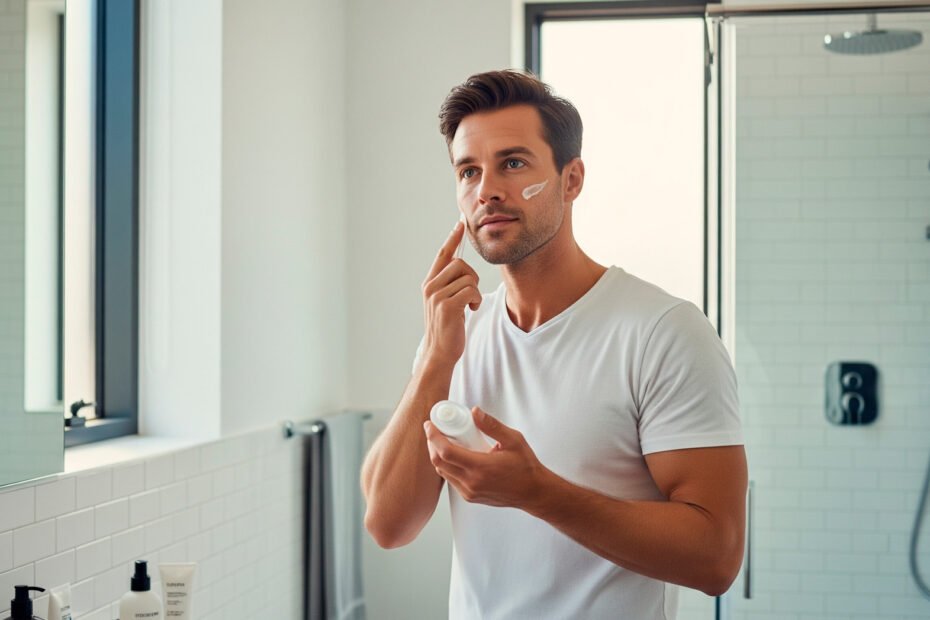 Man demonstrating proper men skin care routine with moisturizer application in modern bathroom setting