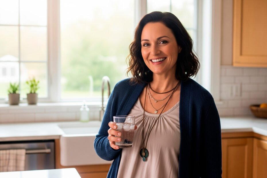 Woman managing menopause symptoms naturally with water and layered clothing in bright kitchen