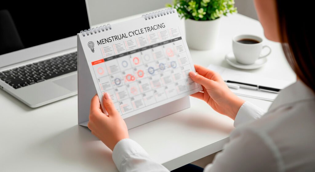 Tracking menstrual changes on calendar to identify hormone balance issues and irregular period patterns